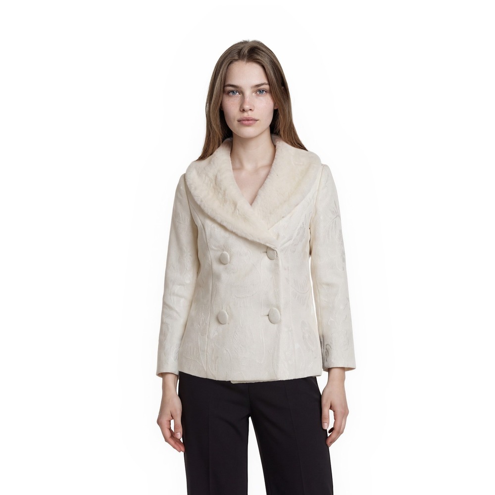 White House Black Market Pea Coat Blazer Women's Size 10 Ivory Faux Fur Jacquard